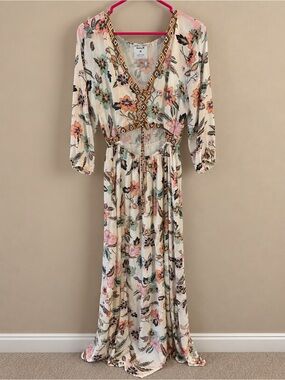 Hurley Cream Floral Maxi Dress with Pink & Green Accents